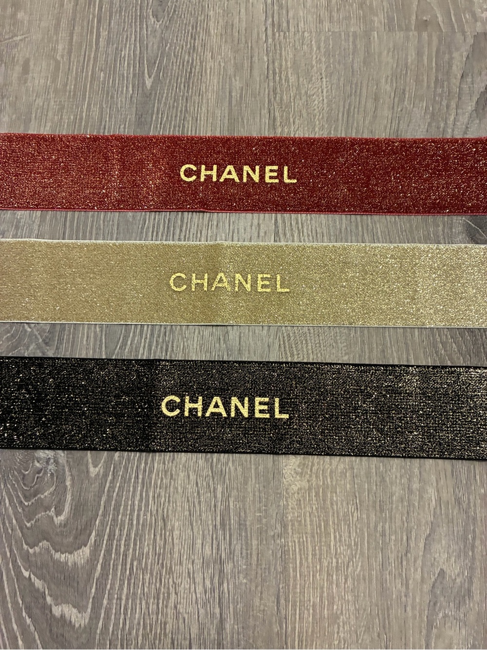 CHANEL Shimmering Glitter Red Gold Black Ribbon Gift Wrapping set of 3
